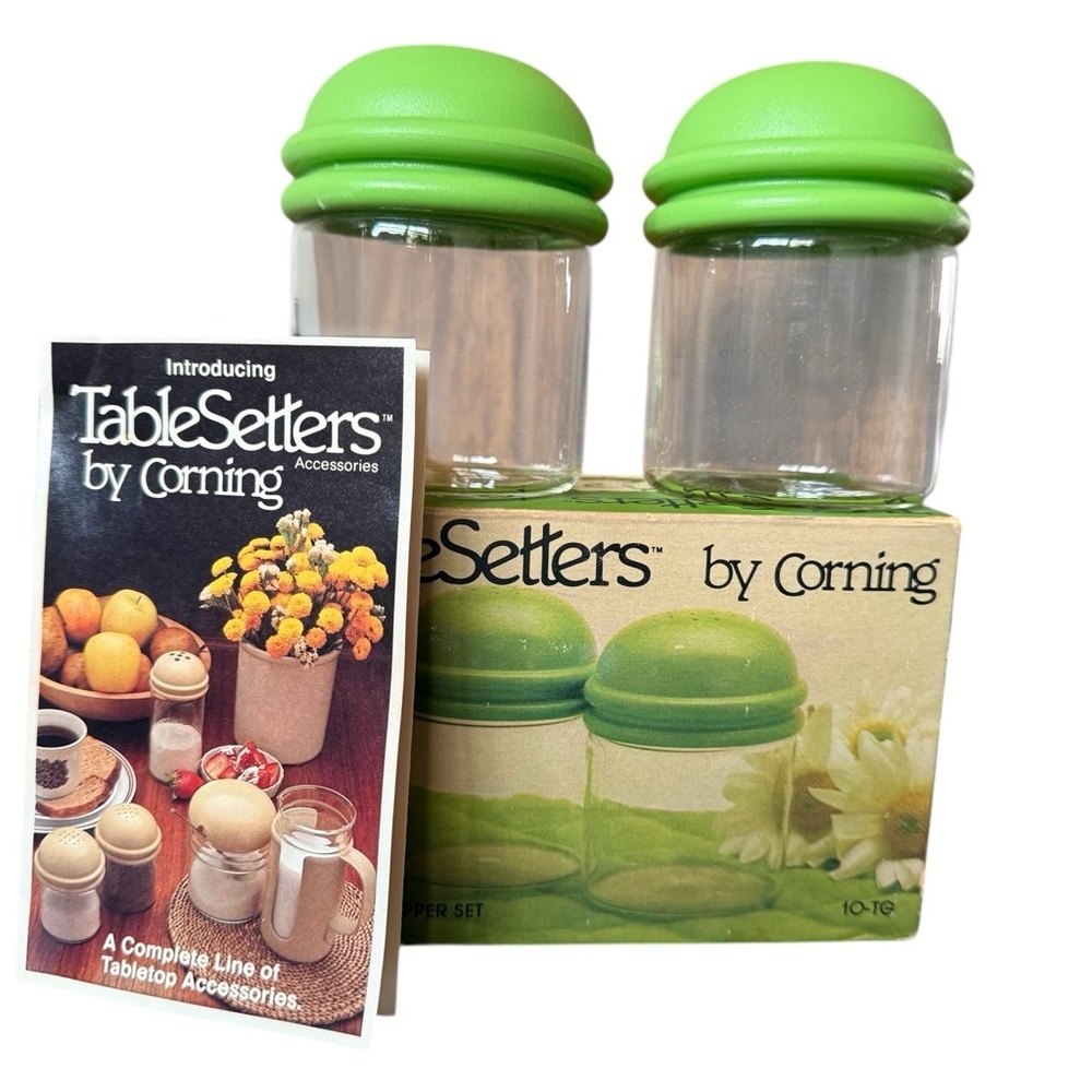 Vintage 1960s Pyrex Salt & Pepper Shakers – Green Tops – New in Box